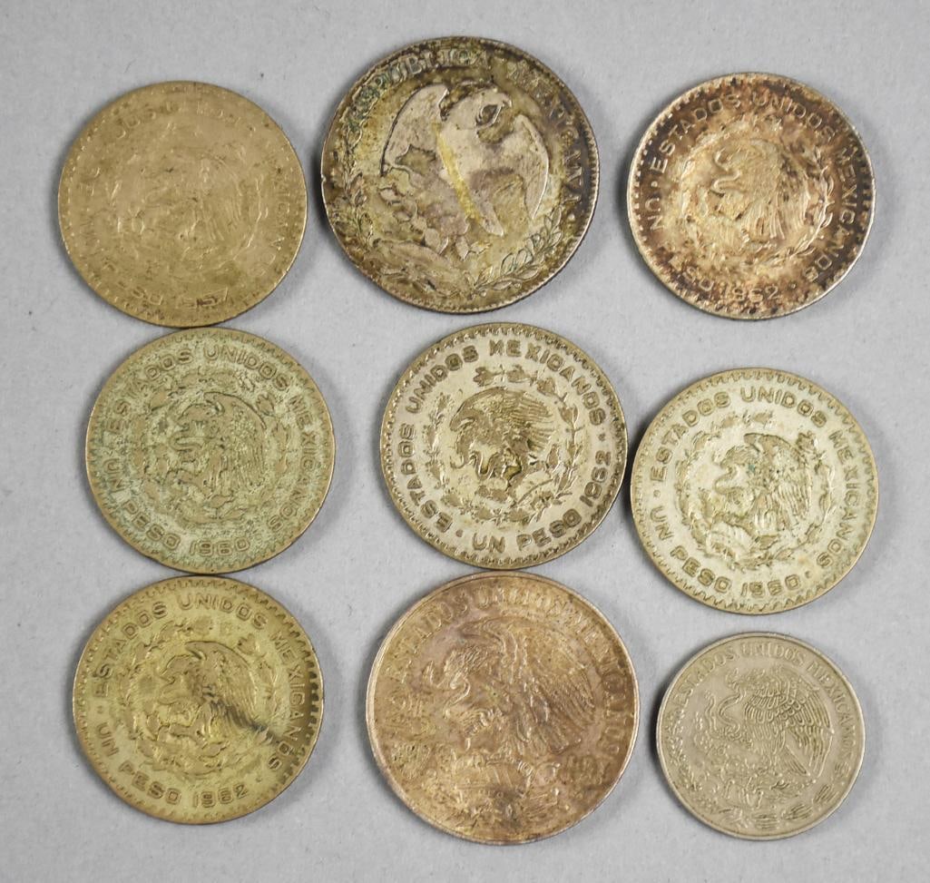 1832 Mexican Reales, 1950s-1970s Mexican Pesos: Nice selection of Mexica coins and an Olympics coin. Includes an 1832 8 Reales, Un Pesos - 1957, two 1960, two 1962 and a 1970. Includes a 1968 25 Pesos for the Olympics games.