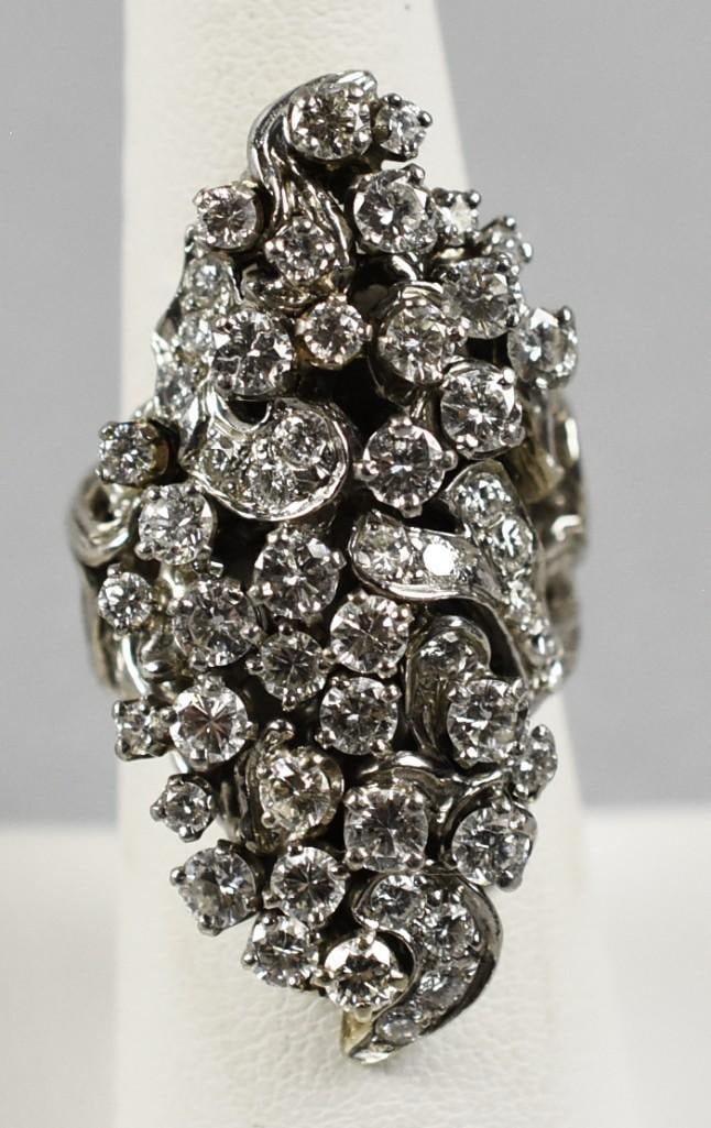 Vintage 14K White Gold Diamond Encrusted Cocktail Ring: This remarkable ring is in 14K white gold. It is a brutalist style and diamond encrusted. Cocktail ring with 48 round brilliant cut diamonds with a total approx. carat weight of 3.3. Average clarity