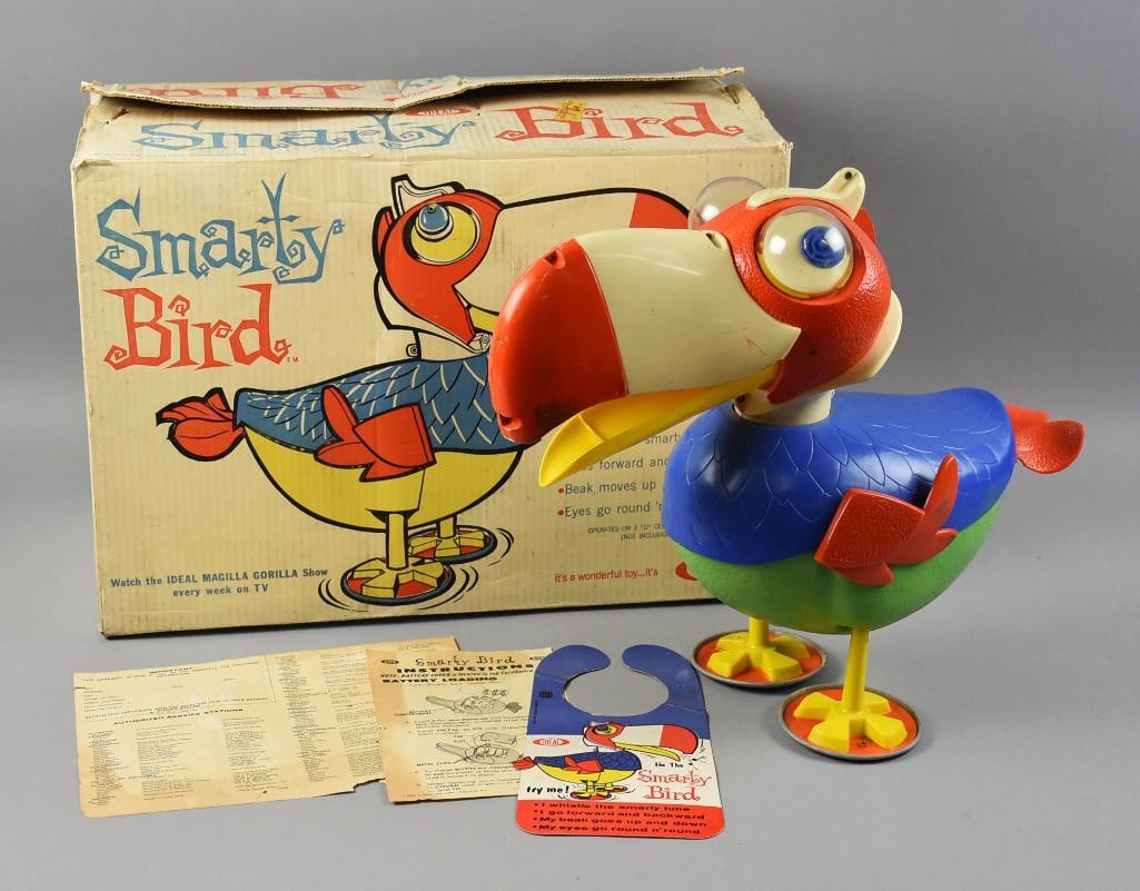 1964 Ideal Toys Smarty Bird, Original Box and Instructions: This is a great toy from the Ideal Toy Corporation. He is Smarty Bird and comes in the original box with instructions and hang tag that explains what he can do. He is battery operated and controlled