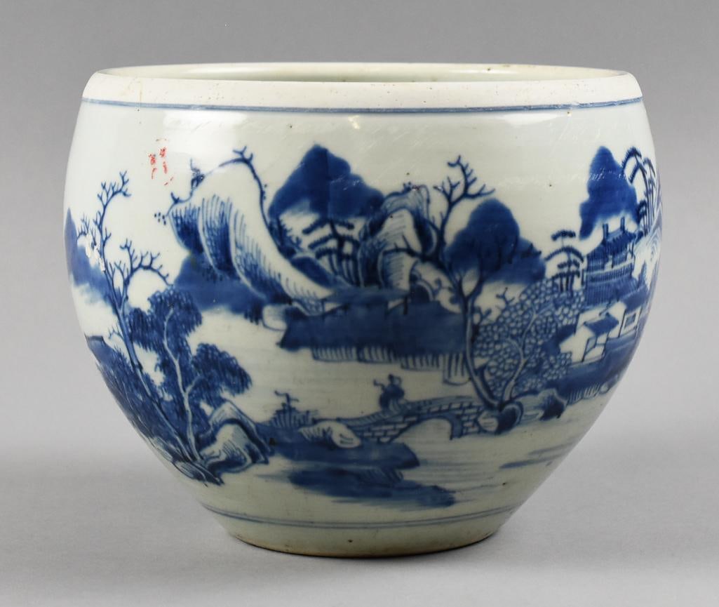 Antique Chinese Canton Blue & White Fish Tank: This is a wonderful tank or fish tank/fish bowl from China. Canton blue and white porcelain with beautiful landscape with the front having buildings, trees, mountains and a bridge with people and the