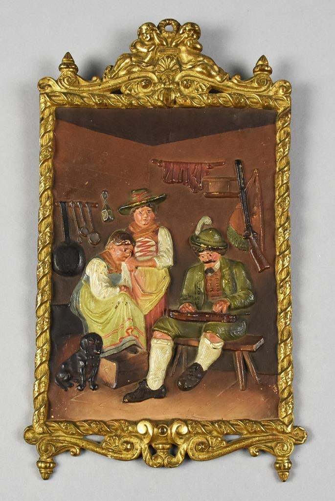 c1865 Bradley & Hubbard Polychrome Wall Plaque: This great piece is from Bradley and Hubbard. It is a wall plaque that appears to be cast bronze with polychrome hand painted. The image is a replica of a Franz Von Defregger painting, women watching