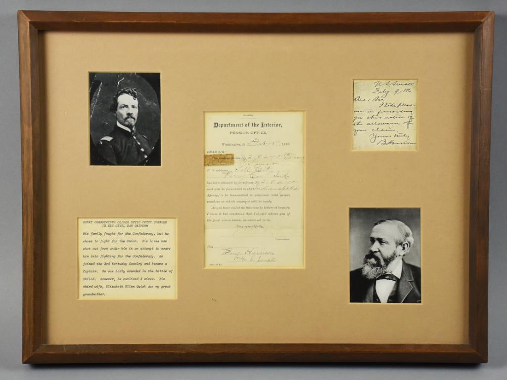 Benjamin Harrison Signed Union Soldier Pension Letter PLUS: This is a terrific historical record of a Union soldier by the name of Oliver Perry Spencer. A great shadowbox with a short bio on Captain Spencer, a letter from the Department of Interior signed by