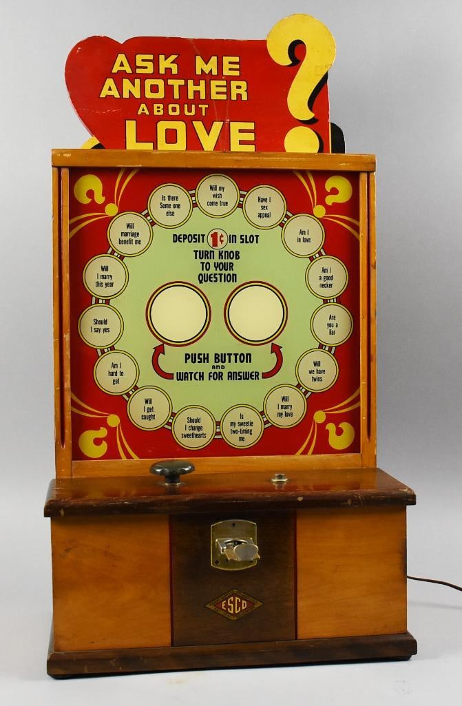 c1940 ESCO Ask Me About Another One Penny Fortune Teller: This awesome piece is from ESCO or Exhibit Supply Company. It is an Ask Me About Another Love arcade fortune telling 1 penny machine believed to be from 1939. Solid wood marquee and?case, glass front
