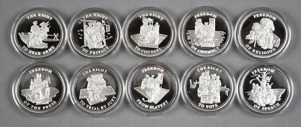 (10) 999 Fine Silver Bill of Rights, One Troy Ounce Each: Cool and complete set of coin medallions for the United States Bill of Rights. Each is 1 troy ounce for a total of 10 troy ounces.