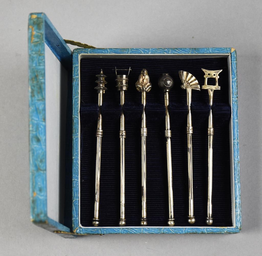 Vintage Japanese Sterling Retractable Swizzle Sticks, Boxed: Very cool complete set of Japanese swizzle sticks. They are sterling and are retractable as shown. Each piece is different with the Torri gate, Buddha, fan, lantern, pagoda and bucket. They come in