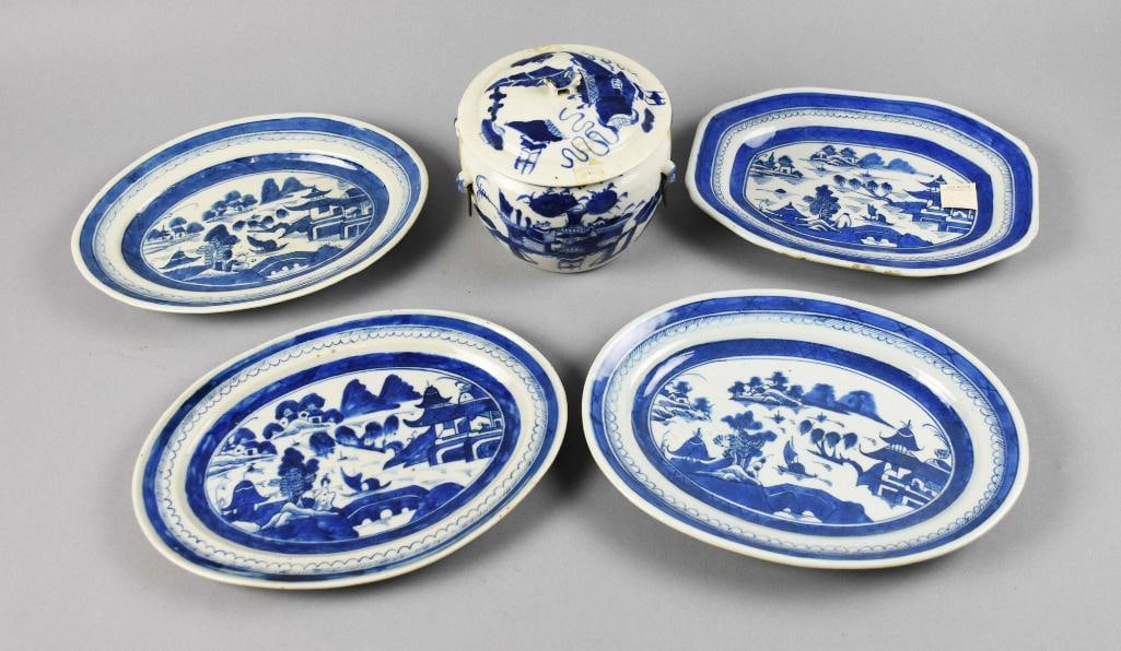Antique Chinese Canton Blue & White Covered Bowl, Platters (1 of 8)