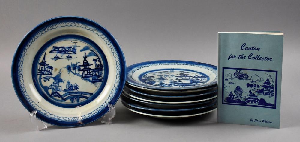 Antique Chinese Canton Blue & White Plates & Book: This wonderful collection of plates are from China. They are Canton blue and white, each with a landscape scene, all appear to be the same image, but all with variations. Each is approx. 10" across an