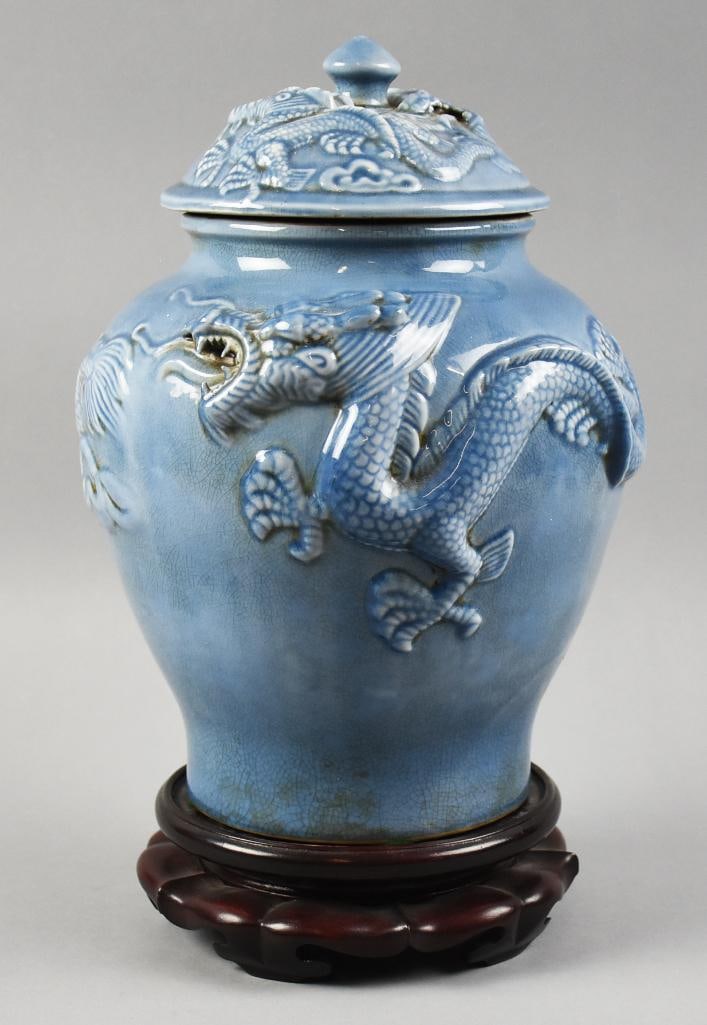 Antique Chinese Dragon Lidded Jar, Blue Crackle Glaze (1 of 7)