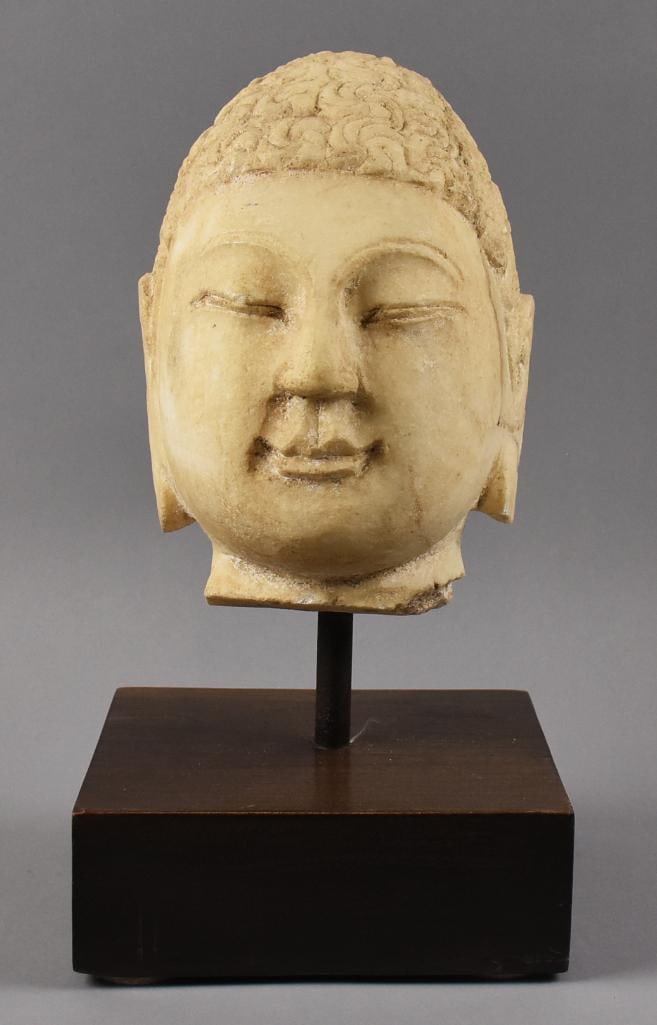 Chinese Carved Stone Buddha Head w/ Wooden Base (1 of 8)