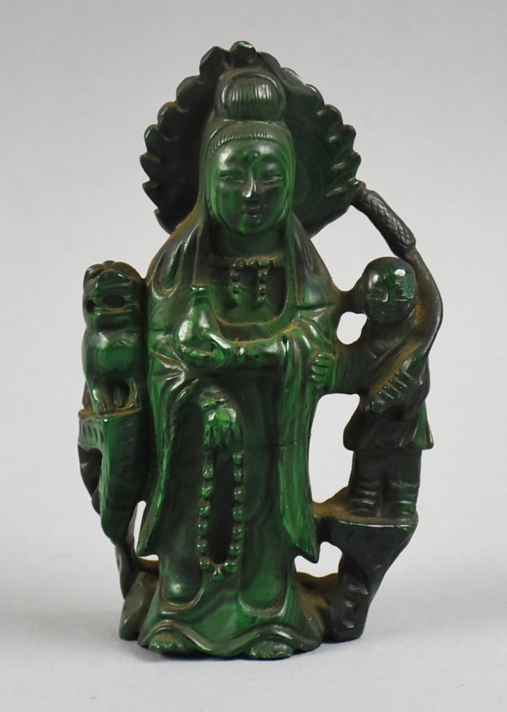 Vintage Japanese Carved Malachite Guanyin Figurine: This great piece is a Japanese Guanyin. Appears to be carved in malachite, figure with child on one side and Foo dog on the other. Appears hand carved, measures approx. 5" x 3".