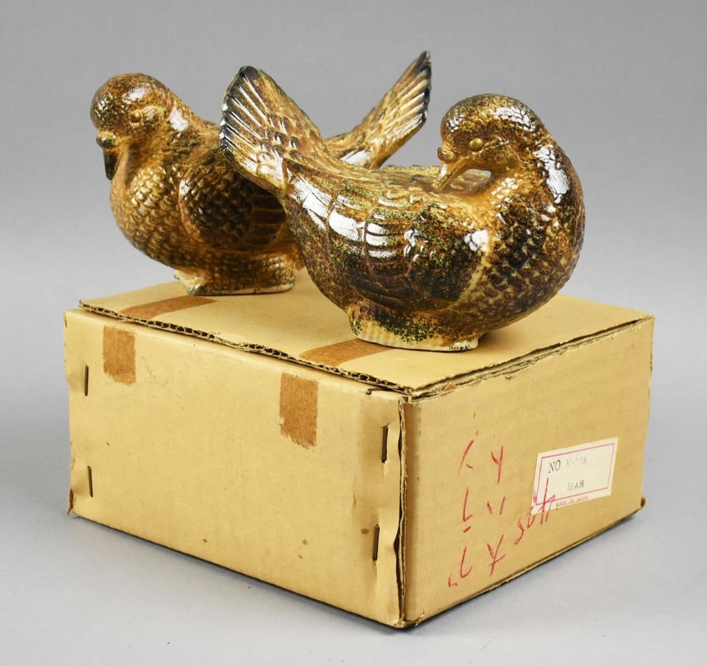 Vintage Pair Japanese Ceramic Quail, Original Box: Very nice pair of vintage Japanese birds. They are ceramic in the form of quail, one with gold foil label and come in the original box. Measure approx. 4" x 5".