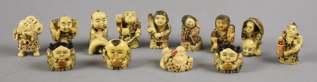 (13) Vintage Japanese Resin Netsuke, Variety of Figures: These sweet pieces are all Japanese netsuke. They appear to be resin and appear hand carved. Most appear to be various Gods, some with visible marks on the bottom - possible signatures. Lot with one d