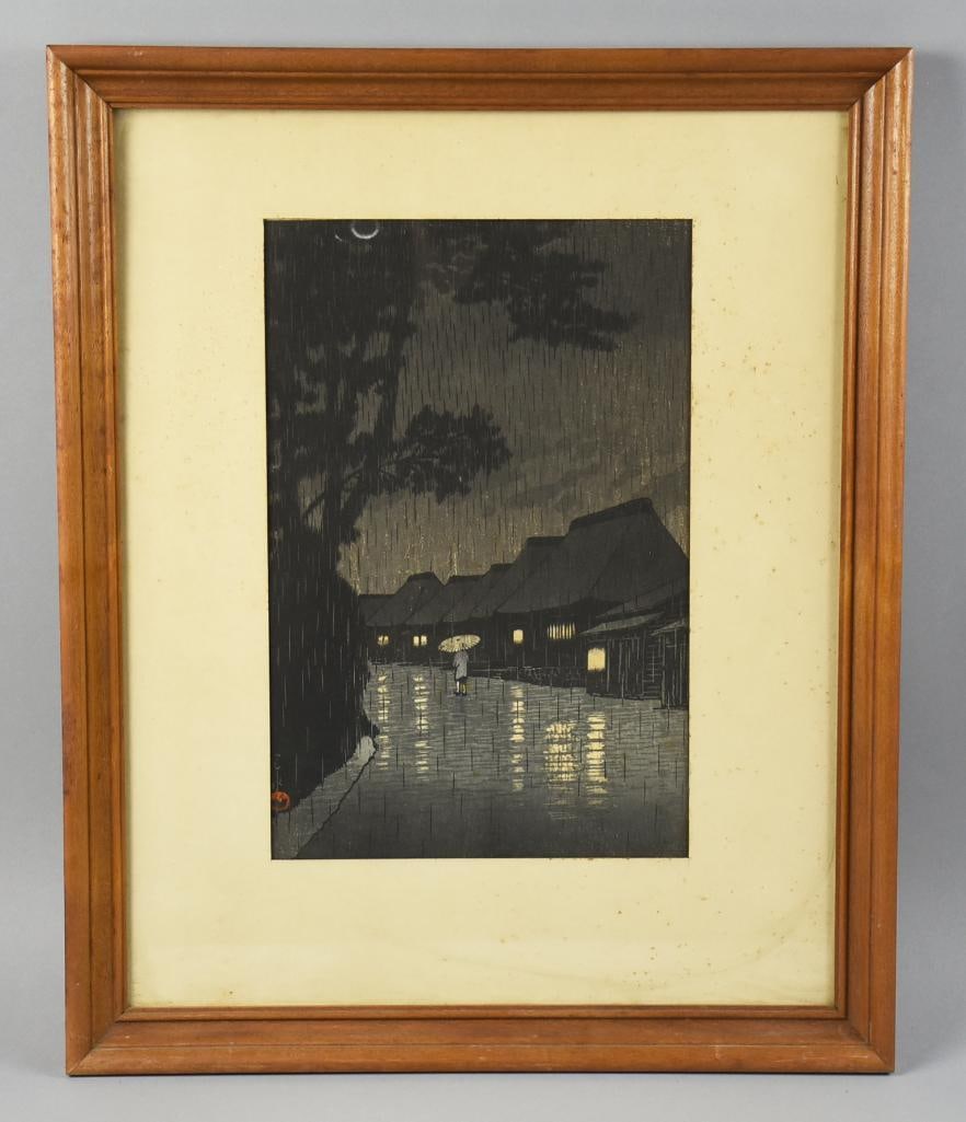 Kawase Hasui (1883-1957) Japanese Woodblock Print: This is an awesome woodblock print from Japanese artist Hawase Hasui. It is called Rain at Maekawa in Sagami Province and was originally published in 1932. Nicely framed with matte, visual image measu