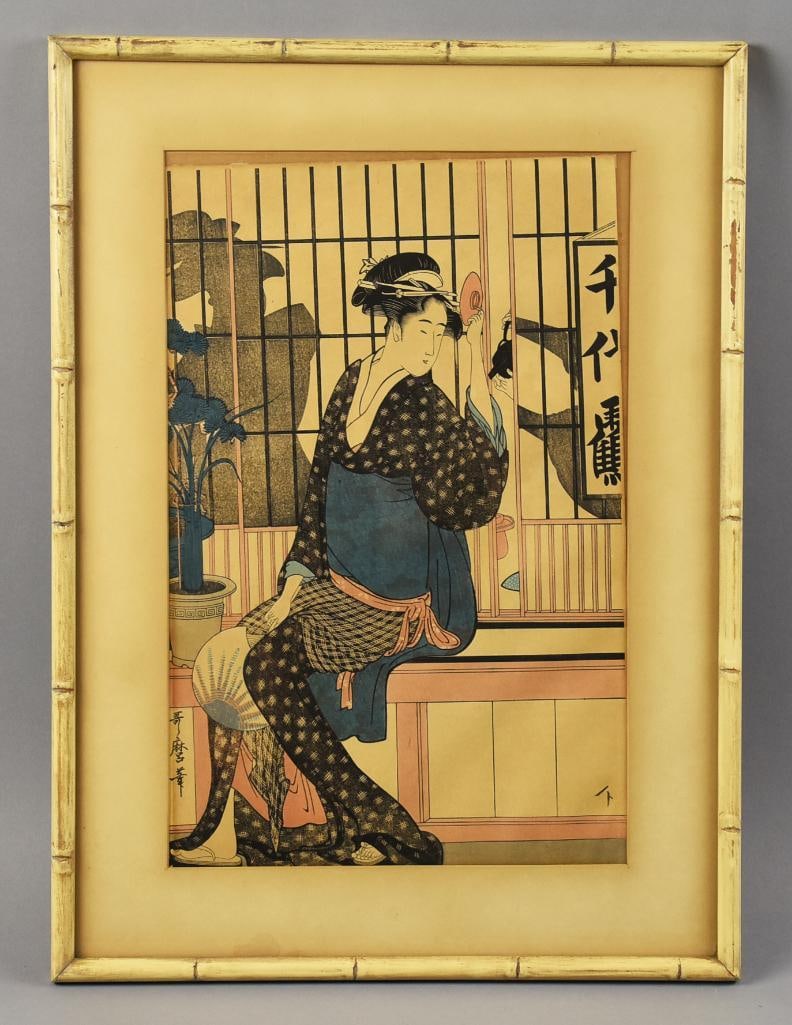 Katagawa Utamaro (1750-1806) Japanese Woodblock Print: Gorgeous print from Japanese woodblock artist Katagawa?Utamaro (1750-1806). She is called The?Chiyozuru?Teahouse - Orise and was originally published in 1794-95. Artist signature is visible down the l