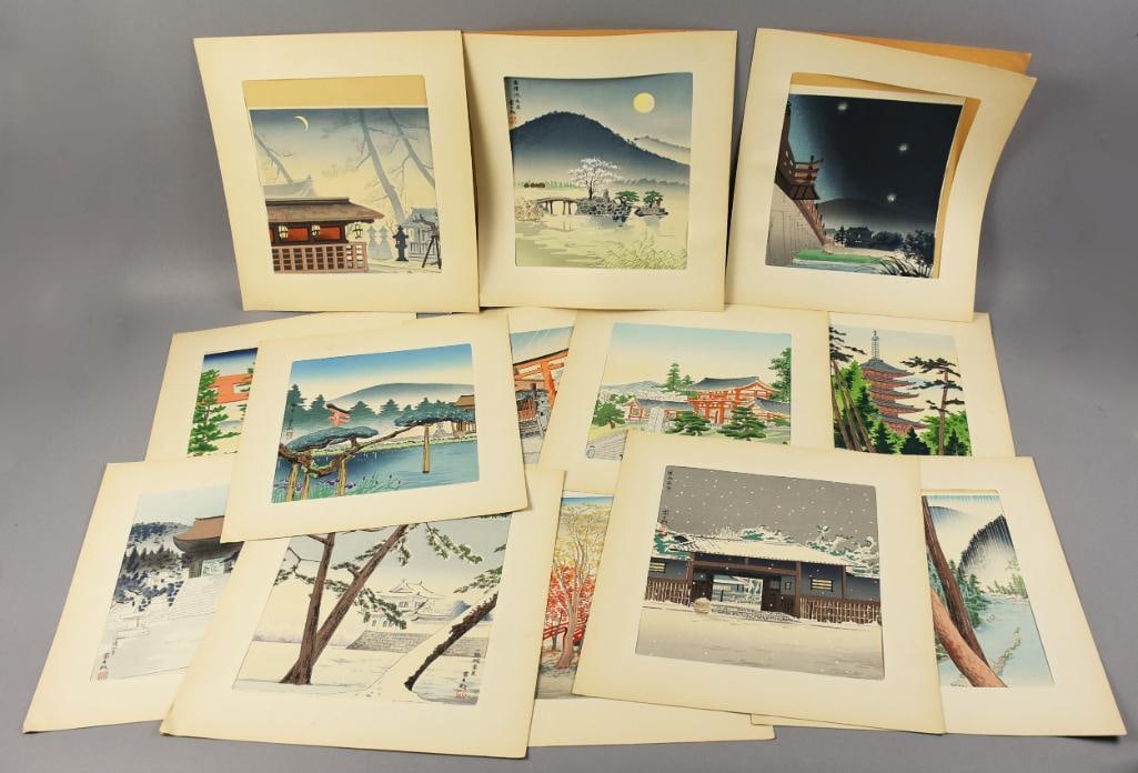 Tomikichiro Tokuriki (1902?1999) Woodblock Print Series: Beautiful assortment of prints from Japanese woodblock artist Tomikichiro Tokuriki (1902-1999). All of these prints appear to have come from Fifteen Views of Kyoto published in 1930 and 1945. These