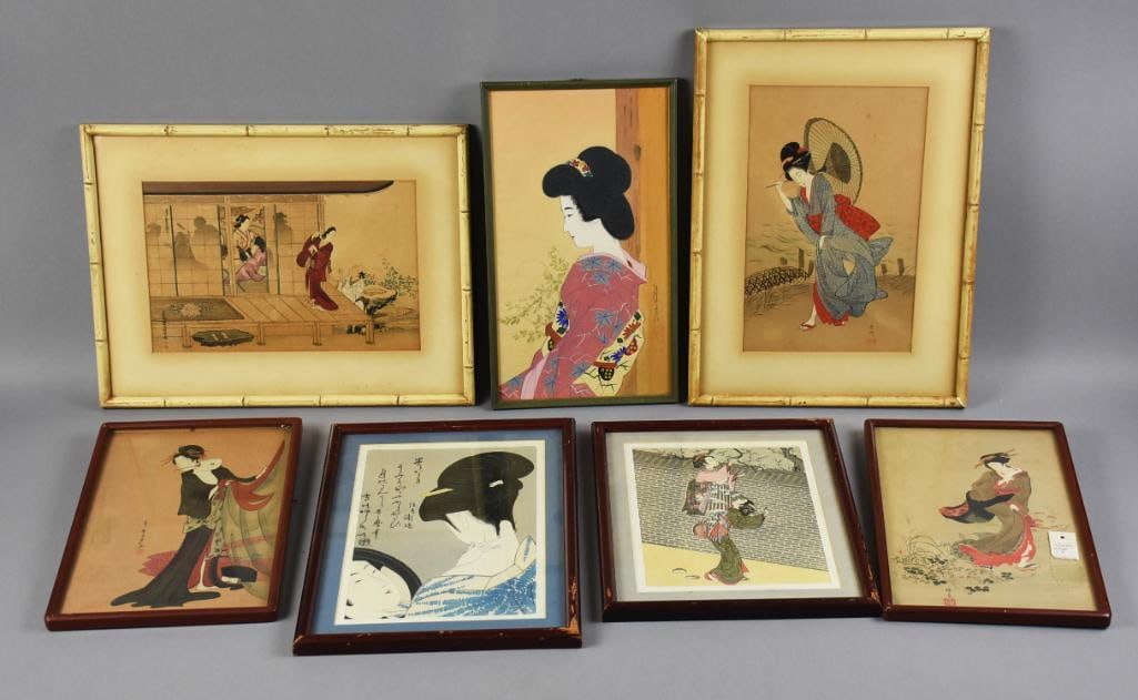 (7) Japanese Woodblock Prints - Assorted Artists: These beautiful prints are: Torri Kiyonobu II, unknown title, possibly part of a series. Beautiful woman, artist unknown. Sojun Yamaguchi "Beauty in the Rain". Kitagawa Utamaro?"Beauty in Front of
