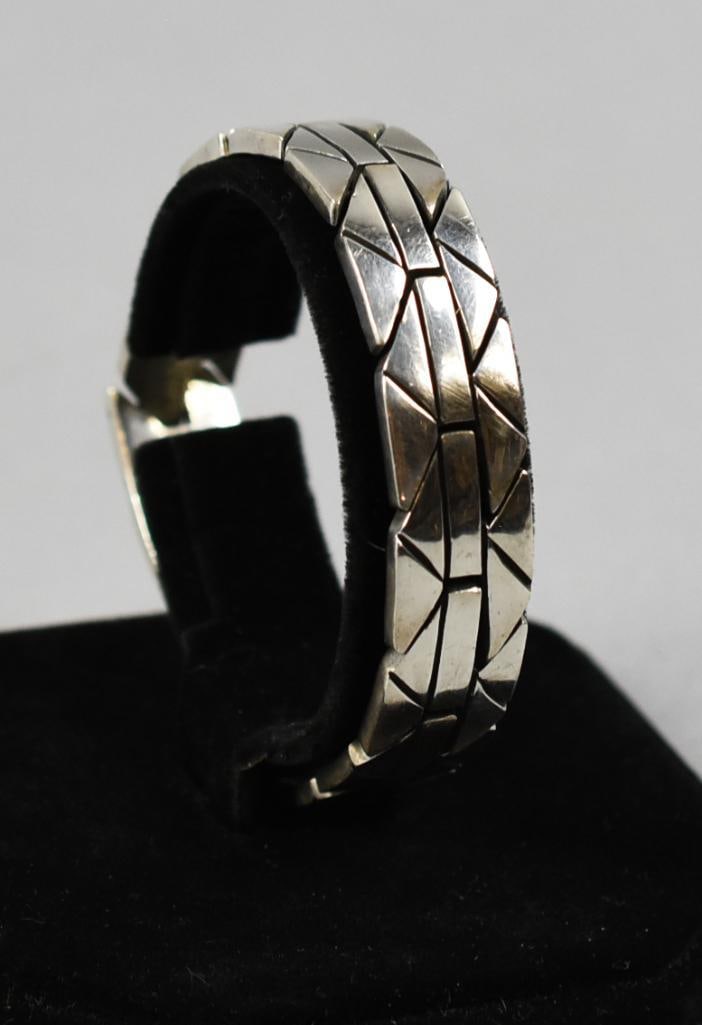 Vintage Mexico Sterling Geometric Modernist Bracelet: This terrific bracelet is from Mexico. It is solid sterling with geometric links. It has a push button locking clasp and is stamped inside. Approx. weight of 2.1 troy ounce.