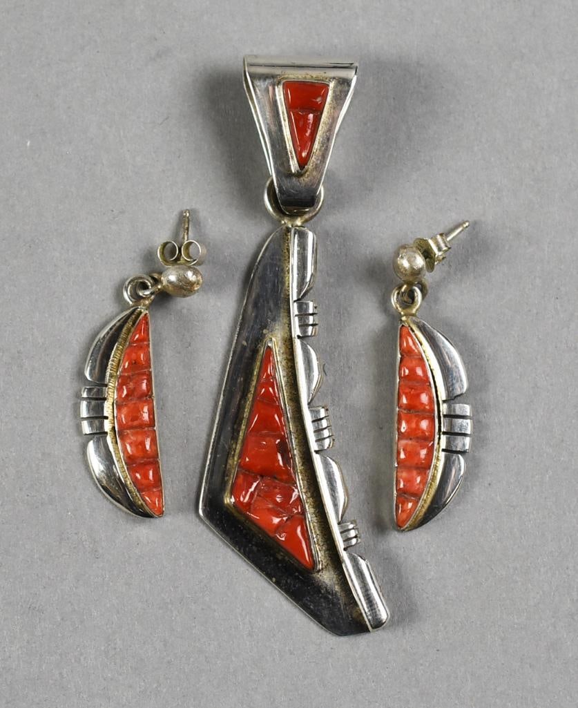 Vintage Sunburst Handcrafts Sterling, Coral Earrings, Pendant: This gorgeous set is believed to be Sunburst Handcrafts, Native American jewelry. The set appears to be a bird pendant and cloud pierced earrings, both set with coral. The mark on the back appears to