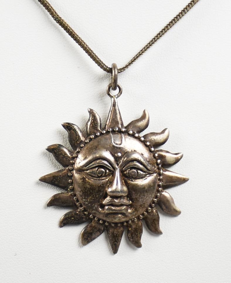Italy Sterling Necklace, Sterling Sun Pendant: Very pretty sterling necklace with pendant. Necklace is Italian stamped 925 JTI with a sun ray pendant, no visible marks, but tests as sterling. Chain is approx. 24" long.