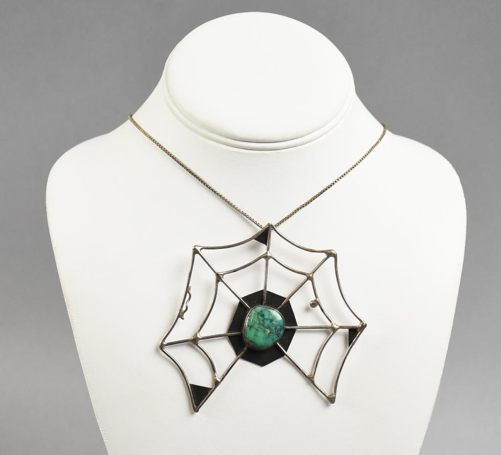 Sterling Turquoise Spider Web Pendant, Sterling Chain: Very cool necklace with a sterling and turquoise spider web pendant, no visible marks. Box chain is made in Italy and stamped 925. Measures approx. 30" long.