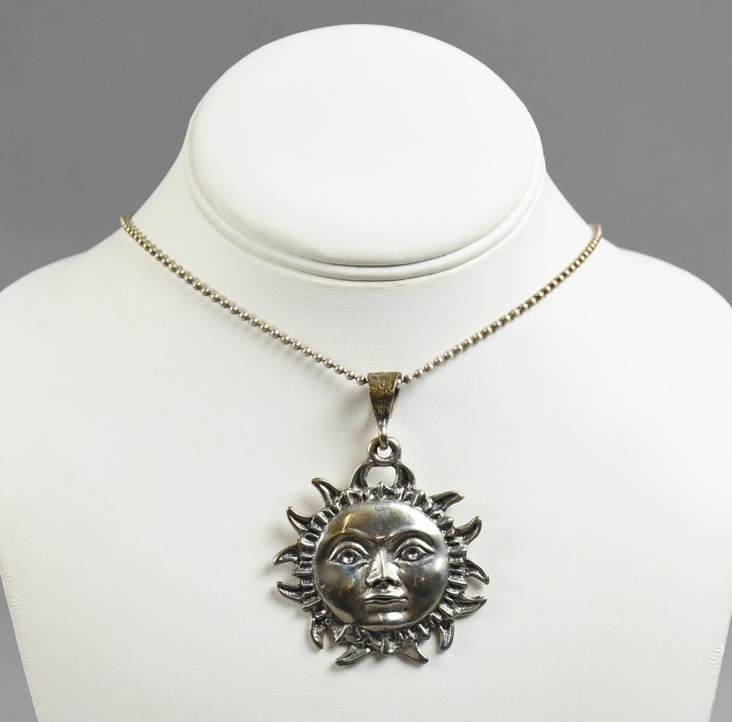 Matilde Eugenia Poulat Sterling Sun Pendant on Sterling Chain: This beautiful pendant appears to be by Mexican sterling artist Matilde Eugenia Poulat. It has a rough stamp on back with 925 impressed on the pendant bale. Chain is a ball style, made in Italy and