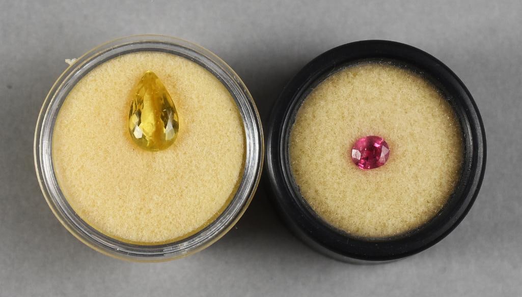 Pink & Yellow Natural Spinel: Lot is for a stunning pair of loose spinels. One is round and rich pink, one is teardrop and pretty intense yellow.