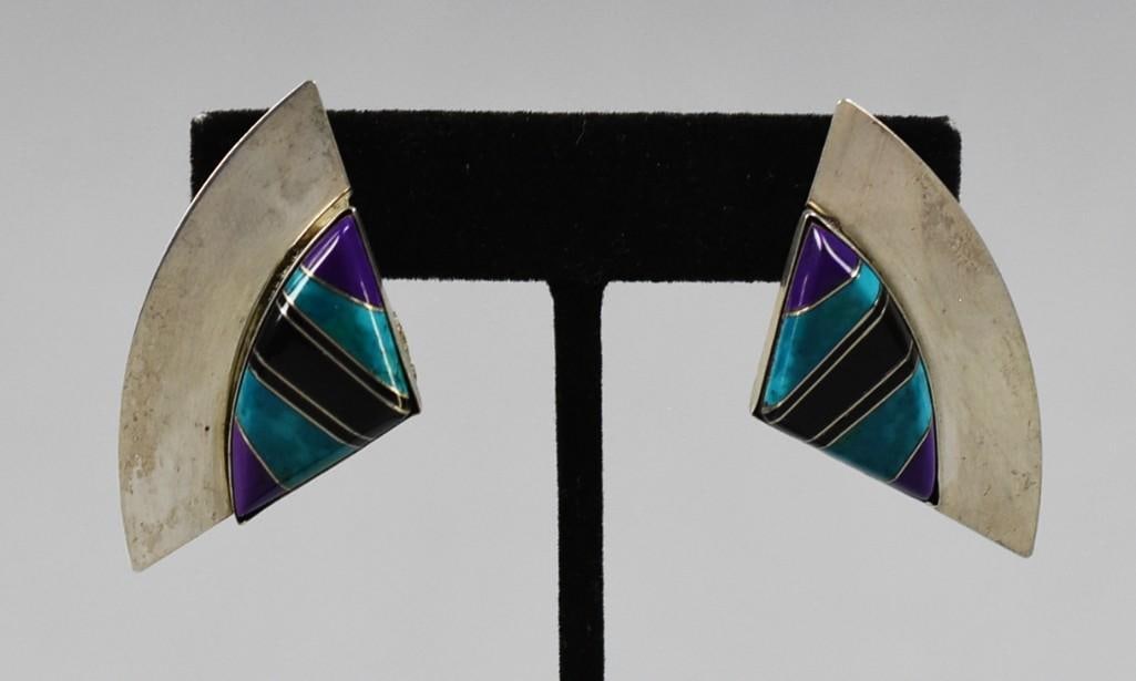 Milson Tylor Hopi Sterling, Semi Precious Stone Fan Earrings: Wonderful pair of Hopi earrings from Native American silversmith and jewelry artist Milson Tylor. Earrings are in a fan shape with an inlay of turquoise, onyx and sodalite. Nicely marked on back and