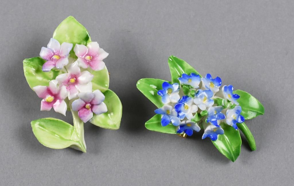 Royal Adderly Porcelain Flower Brooches, Original Boxes: These beautiful brooches are Royal Adderly, made in England. They are porcelain floral bouquets in blue and white and pink and white. They come in their original boxes.?