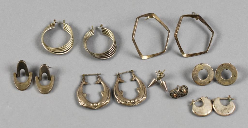 Vintage Sterling Silver Pierced Earrings, Incl. Mexican: Beautiful assortment of pierced earrings, all in sterling silver. One is marked Mexico, one is clearly 925, others test as sterling.