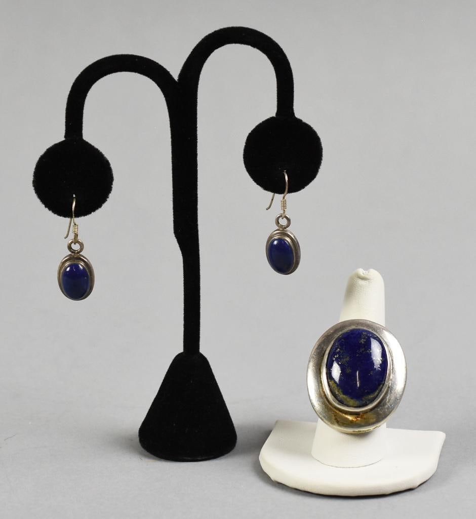 Sterling Silver, Lapis Earrings & Ring: Lovely vintage sterling jewelry with lapis. Earrings are pierced wire. Not necessarily a set, but look great together. All pieces nicely marked, ring is an approx. size 9.?