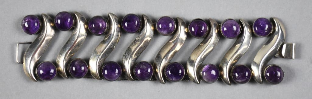 Balderas Taxco Sterling, Amethyst Modernist Bracelet Vintage: Wonderful and gorgeous vintage sterling bracelet from Mexico. Taxco sterling by silversmith Balderas. Sterling wave links with double cabochon amethyst stones. Bracelet marked on clasp.