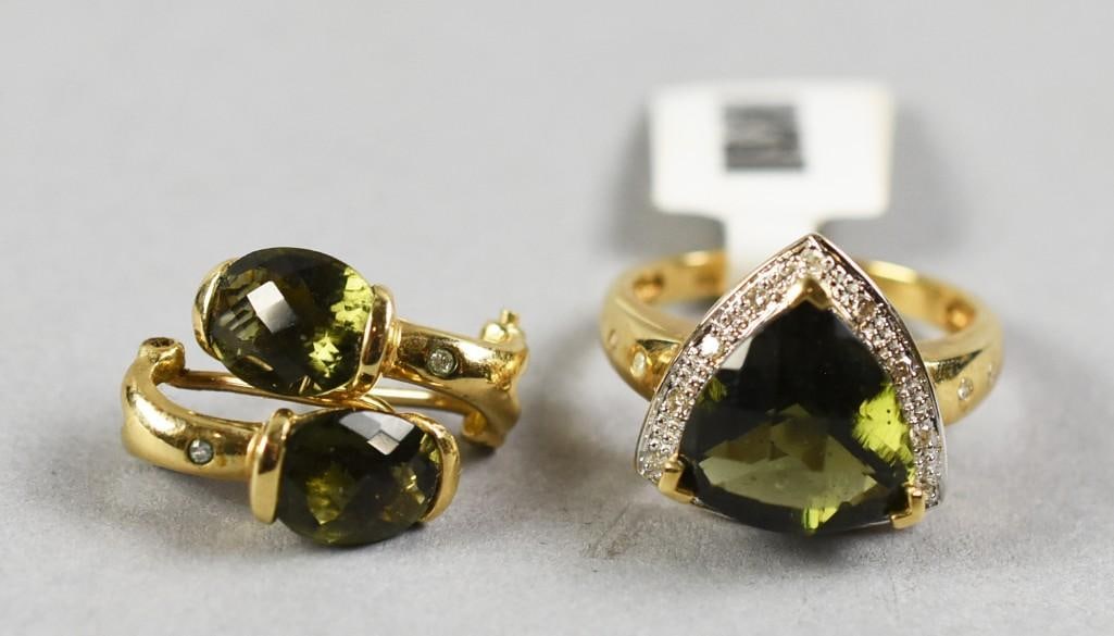 10K Yellow Gold & Moldavite, Diamond Ring & Earrings: This gorgeous set is 10K yellow gold. Earrings and ring with faceted moldavite. Oval cut with a single round cut diamond earrings, curved trillion cut stone ring surrounded by round cut diamonds.