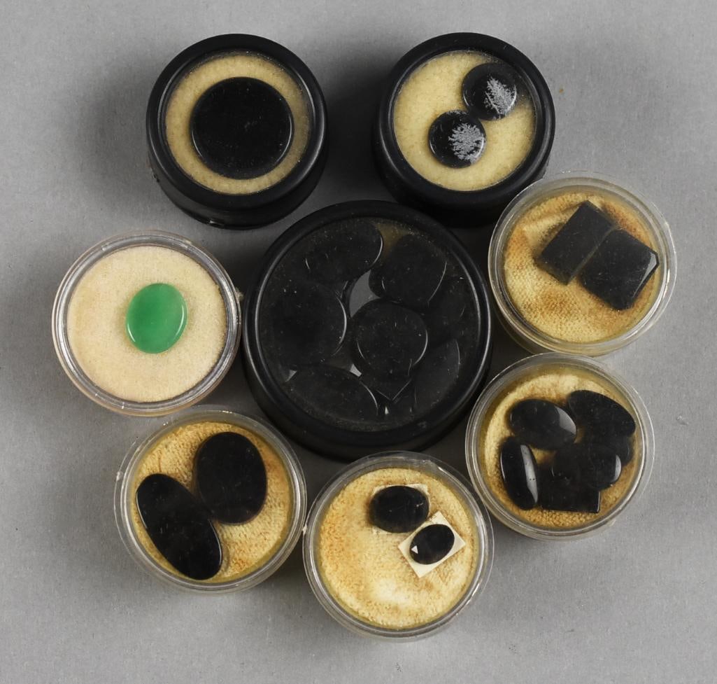 Loose Onyx Gemstones: Lot is for various shapes and sizes of onyx stones, most black, one green. Stones will come in the cases as shown.