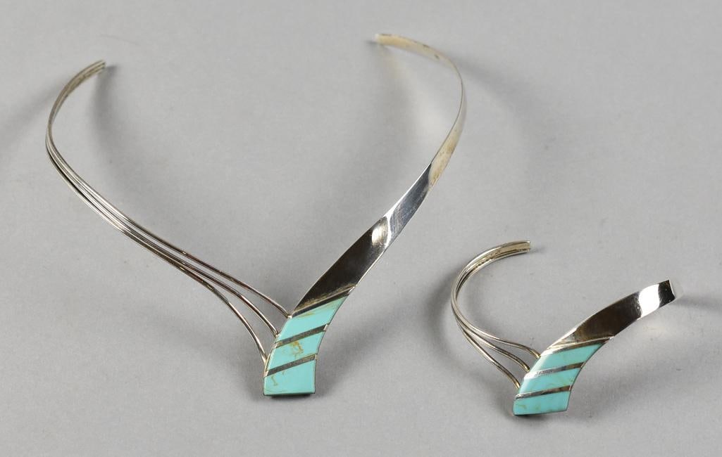 Sterling Silver Turquoise Modernist Choker & Bracelet: This is a very nice demi parure in sterling silver. Modernist choker set with sterling silver and inlay of turquoise. Includes a matching cuff bracelet. Both stamped with 925 with no additional marks.