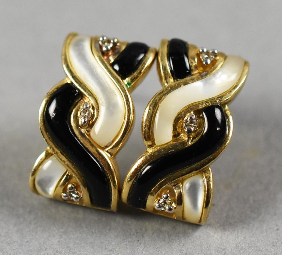 10K Gold Onyx Diamond Gemstone Earrings: Lovely pair of 10K yellow gold earrings. They are what appears to be onyx and mother of pearl with diamond accents. They are posts, signed on back, unidentified designer. Overall approx. weight of