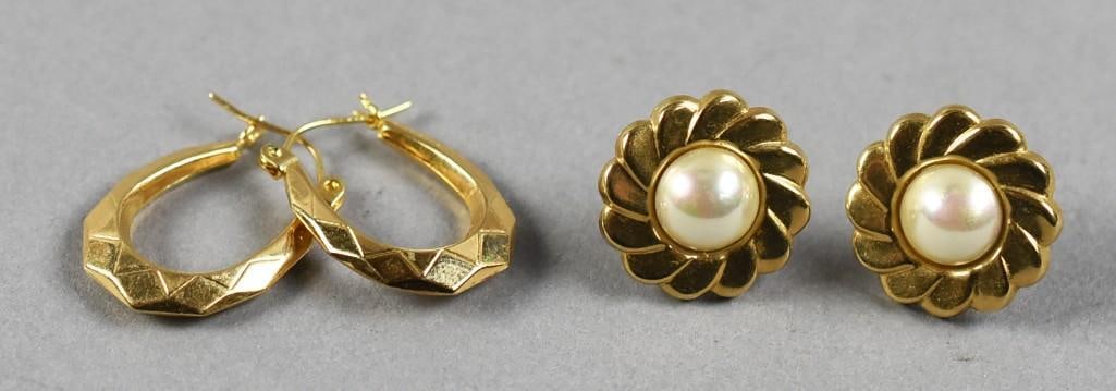 2 Pr. 14K Gold Hoops & Pearl Post Earrings: Beautiful pair of 14K yellow gold earrings. One pair is a geometric shape hoop with locking post. They are stamped ZZ. Pearl earrings in a flower shape with pearl center. Overall approx. weight 3.2