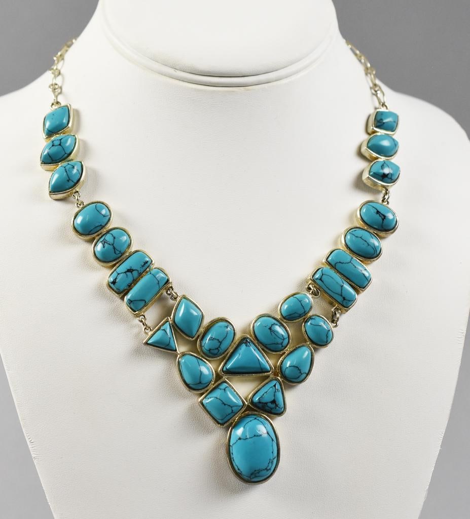 Sterling Siler & Turquoise Statement Necklace: This terrific statement necklace is sterling with oval, square and triangular turquoise. Stamped 925 with no other visible marks. Measures approx. 20" long.