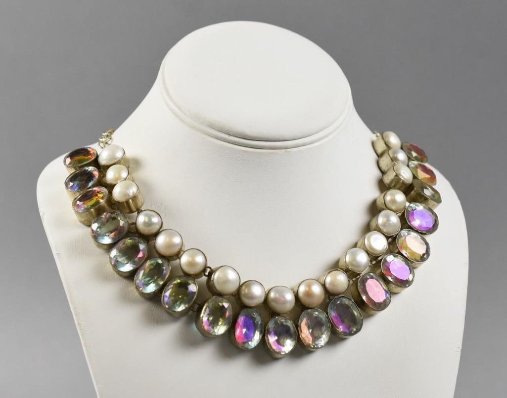 Ster. Collar Necklace of Pearls & AB Crystals: This is a sterling collar style necklace with heavy pearls and aurora borealis faceted crystals. All set in what appears to be sterling, untested. Measures approx. 22" long