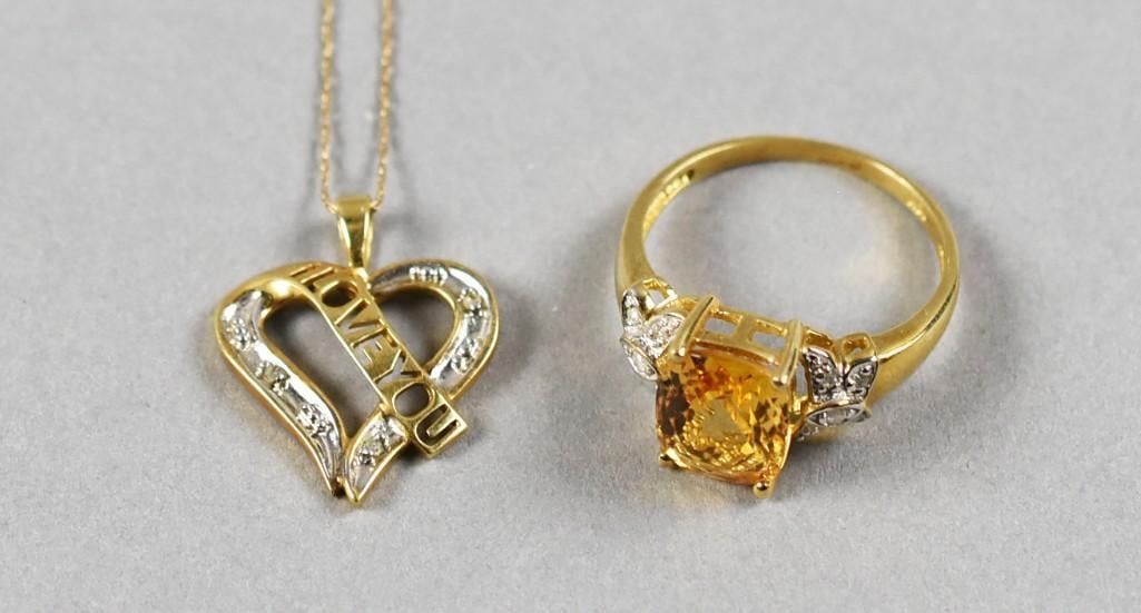 10K Gold Diamond and Citrine Jewelry: Great lot of 10K yellow gold jewelry. Includes an I LOVE YOU heart pendant with emerald cut diamonds on a 10K chain that is approx. 21" long, weighs approx. 1.8 grams. Ring is a faceted citrine