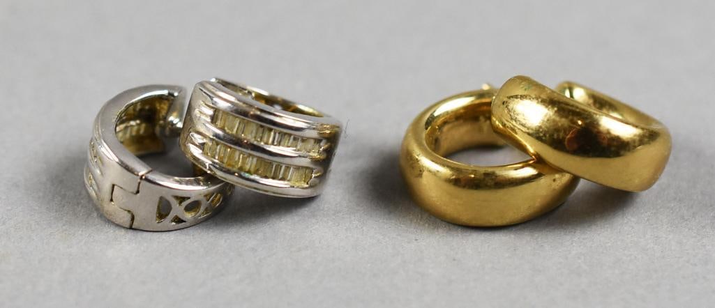 10K Gold & Diamond Earrings, 10K Gold Earrings: Lot is two pair of 10K gold earrings. One pair of yellow gold hoops and one pair of white gold with diamonds. White gold are stamped, yellow gold tested. Overall approx. weight of 5.6 grams