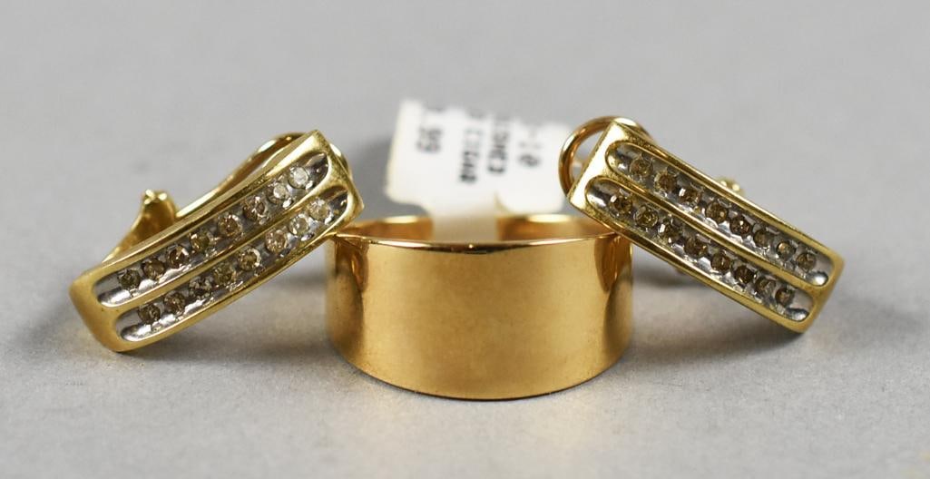 10K, Diamond Earrings, 10K Cigar Band, Samuel Aaron, Inc: Pretty 10k yellow gold jewelry. The earrings are stamped THL for one of the designers at Samuel Aaron, Inc. Post hoop earrings with two rows of eight round cut diamonds. Also includes a tapering