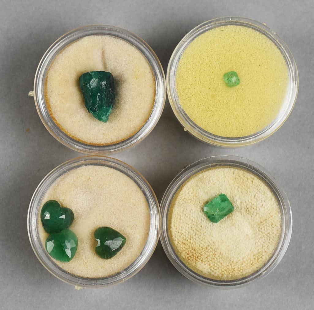 Natural Emeralds Loose: Lot is assorted loose emeralds with various cuts, including three hearts. One appears untouched.