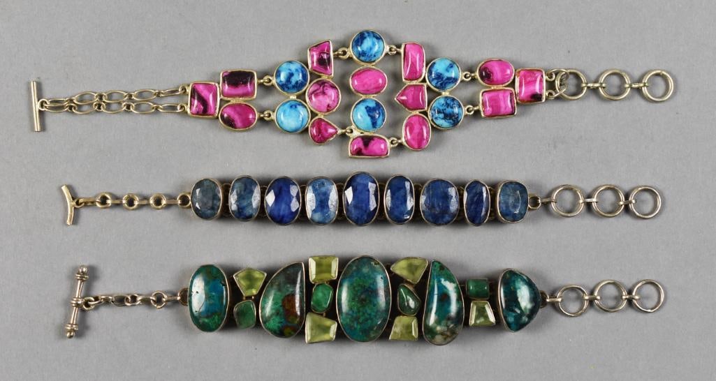 Sterling Silver Turquoise, Sodalite Statement Bracelets: Lot is for three stunning sterling bracelets. These statement pieces consists of one with what appears to be turquoise and cotton candy turquoise, one appears to be turquoise with translucent green