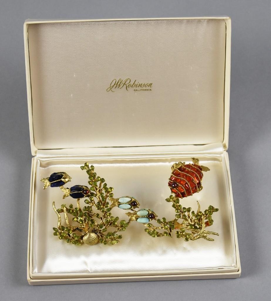 c1970 Swoboda Underwater Marine Life Costume Brooch: This is a gorgeous vintage brooch by Swoboda. It is an underwater marine life theme with assorted fish, seaweed and small shell with gold tone accents. It is signed on one branch and comes in a