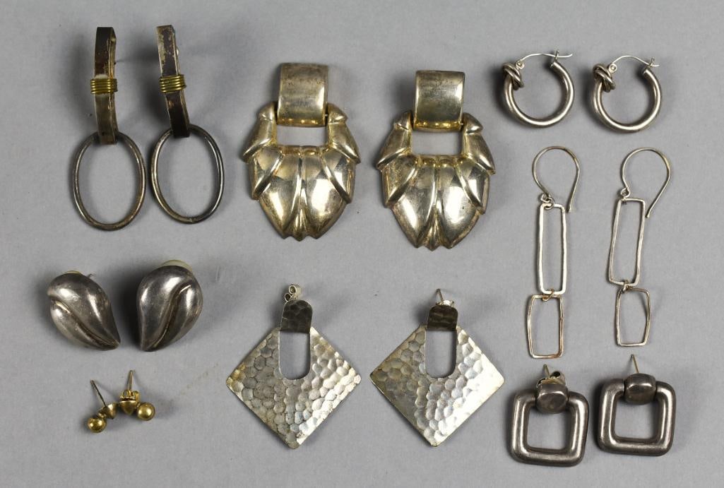 Sterling Silver Earring Assortment Vintage: Beautiful assortment of vintage sterling earrings. All are pierced, mostly post. They are marked, two pair appear to be Mexico sterling. Overall approx. weight of 2.2 troy ounces.
