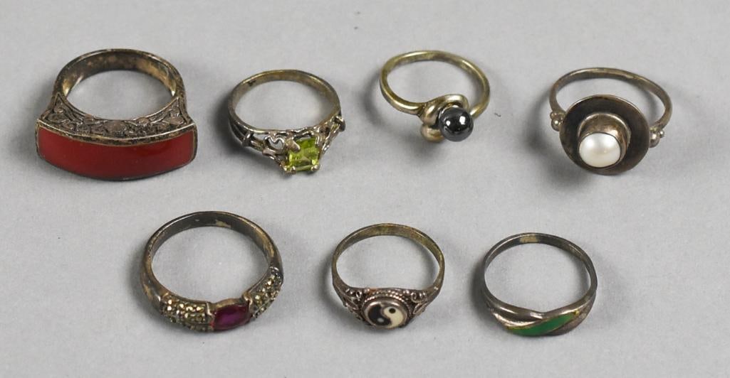 Sterling Silver, Assorted Gemstone Rings: Great assortment of sterling silver rings, all varying in sizes from 6 to 9. Stones appear to include hematite, carnelian, peridot and more. Some are stamped, some are not but test sterling.