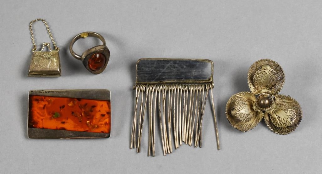 Sterling, 800 Silver & Amber Assorted Jewelry Vintage: Very nice assortment of sterling jewelry, some pieces with amber. Amber pieces are a ring and brooch with inlay. The rest of the pieces are a small purse stamped inside, brooch with dangles and a flow
