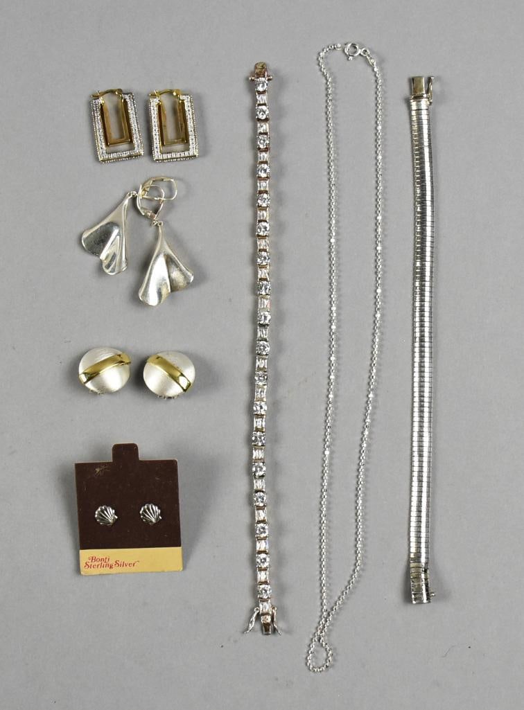 Sterling Jewelry Assortment, Italy Vintage: Great assortment of sterling from Italy, China and others. Includes a cubic zirconia tennis bracelet, snake bracelet, square ball necklace, shell earrings on card, square hoop earrings - half vermeil,