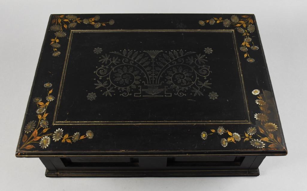 Antique Victorian Hand Painted Vanity Box: This stunning box is from the later Victorian era. Top of the lid with hand painted daisies and golden leaves, center with ornate vase with scrolling stems and flowers. Beveled mirror with nice open s