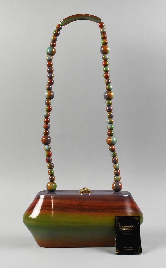 Timmy Woods Sorena Acacia Wood Handbag SCARCE!: This is a gorgeous purse from Beverly Hills designer Timmy Woods. The purse is called Sorena and is acacia wood. It has a rainbow ombre type finish with coordinating beaded shoulder strap. Closure is